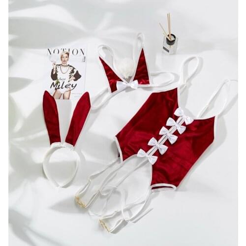 Japanese Cos Cute Cat Kawaii Lingerie Garter Belt Sexy Open Crotch Panty Velvet Bunny Uniform Temptation Christmas Costumes