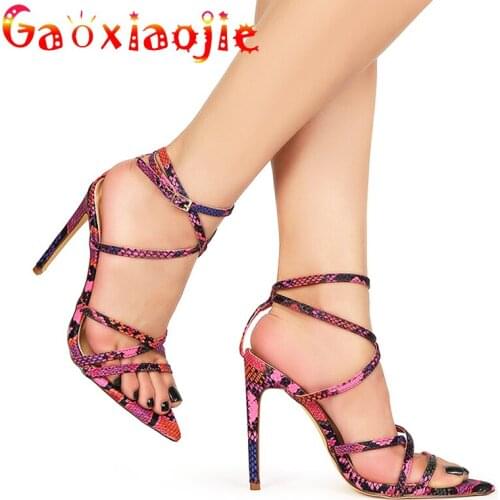 2020 Explosion Models Sandals Women Fashion Sexy Serpentine Pointed Cross Belt Fine Heels 12CM Sandals Large Size Womens Shoes