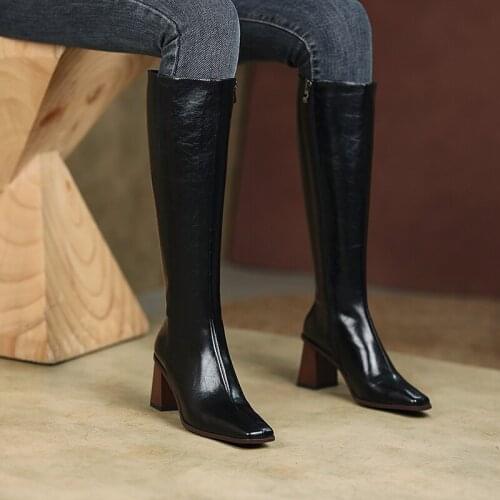 QZYERAI 2021 New Modern Boots Women Shoes Real Leather Knee-High Boots Square Toe Heels Zip Long Boots Autumn Winte