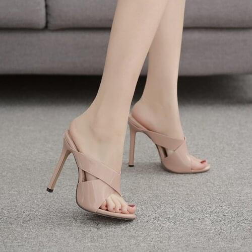 2020 Fashion PU Slippers Summer Concise Peep Toed Thin High Heel Slip On Round Toe Slides Women Mules Apricot Size 35-40