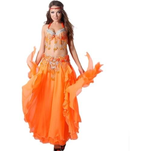 Performance Oriental Belly Dance Costume 3pcs Suit Bra Belt Skirt Women Professional Bellydance Beads Belly Dance Costume S-XL