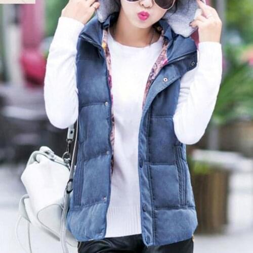 Women Casual Autumn Winter Sleeveless Warm Thicken Hooded Cotton Waistcoat Vest Solid color style perfect to match with pants