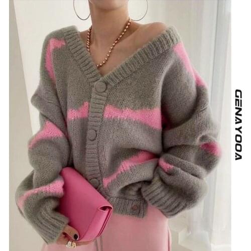 Genayooa Korean Knitted Cardigan Women Autumn Winter 2021 V Neck Sweater Kardigan Long Sleeve Loose Oversizd Ladies Cardigans