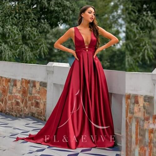 Sexy Burgundy Satin Deep V-neck Evening Dresses Sleeveless A-Line Special Occasion Prom Gowns Plus Size Formal Dress