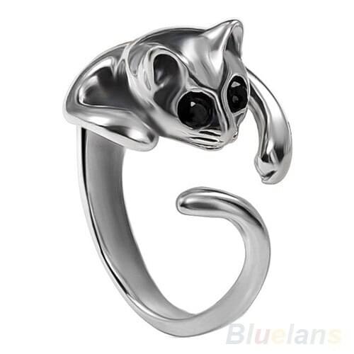 1pc Womens Fashion Lovely Silver Plated Kitten Cat Animal Crystal Eyes Ring Fashion Jewelry A4F3