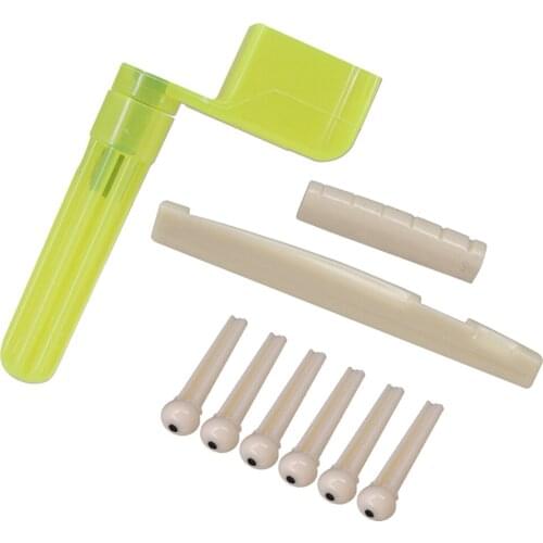 1 Pack Plastic Pe-Slotted Saddle Nut with 6pcs Bridge Pin and Multi-functional String Winder for 6-strings Acoustic Guitar