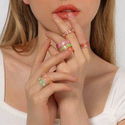 3 Pcs Colorful Transparent Acrylic Ring Ins Resin Fruit Rings Women Girl Strawberry Midi Knuckle Finger Jewelry Accessories