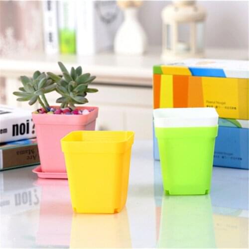 7pcs/lot Mini Square Plastic Plant Flower Pot Home Office Decor Planter Colorful with Pots Trays Green Plant Succulent Plants