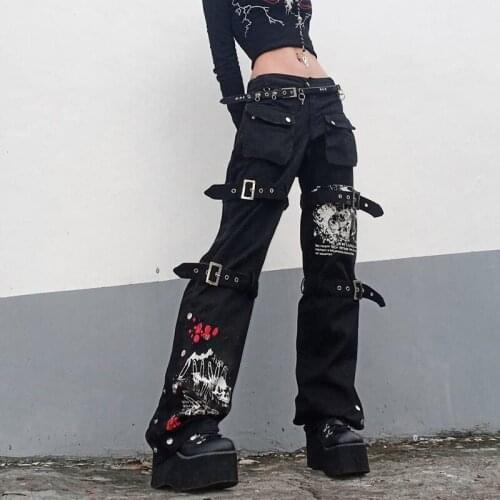 Y2K Streetwear Punk Style Skull Print Black Buckle Gothic Dark Cargo Pants Harajuku High Waist Aesthetic Straight Denim Trousers