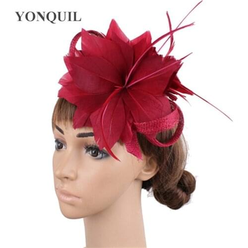 Nice Wine Red Feather Flower Sinamay Fascinator Headwear Colorful Mesh Race Show Hair Accessories Millinery Cocktail Hats MYQ068
