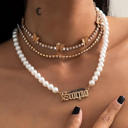 Fashion Multilayer Butterfly Necklaces & Pendants Elegant Simulated Pearl Rhinestone Choker Necklace for Women Wedding Gift