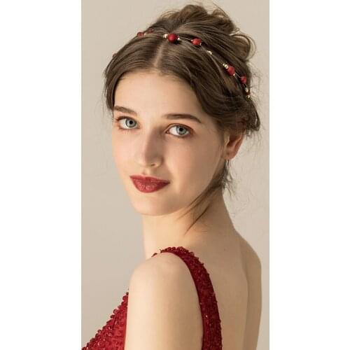 Elegant Retro Bridal Headdress Red Crystal Beads Handmade Head Band Earring Set for Wedding Perform Studio Travel Photo O548