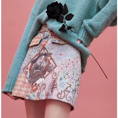 2021 Autumn New Skirt Women Vintage Magic Witch Print Skirt Female A-line Short Skirt Suede Mini Skirts