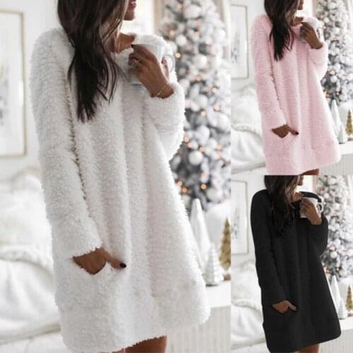 Autumn Solid Color O Neck Sweater Fluffy Loose Knee-length Dress Soft Thin Loose Sweater Dress For Women Party Chic Women Dress