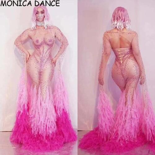 Sexy Pink Rhinestone Mesh Perspective Party Long Dress Women Birthday Celebration Crystal Trailing Dress Evening Stage Dress