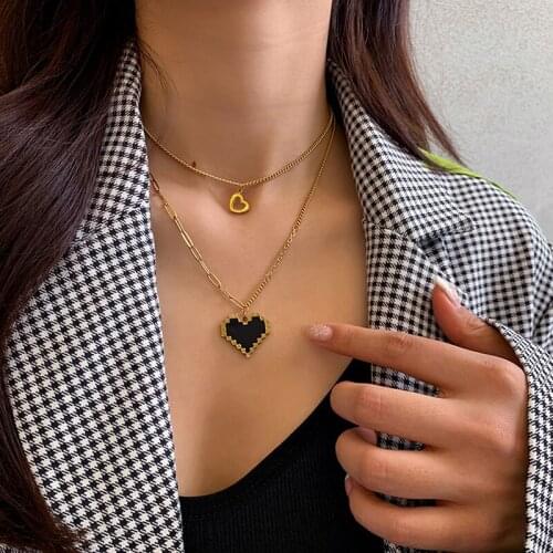 Gold Plated Mosaic Heart Pendant Layered Titanium Steel Necklace for Women Stainless Steel Jewelry Fashion Sweater Chain 2021