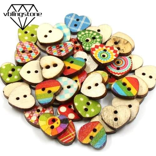 50Pcs 14x12mm Mixed Heart Wooden Button For Children 2-Holes Sew Buttons Handmade DIY Crafts Scrapbooking Decorative Clothes