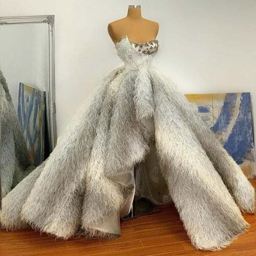 Luxury Feather Evening Dresses 2020 Sweetheart Crystal Ruffles High Low Prom Dresses Custom Made Robe De Soirée