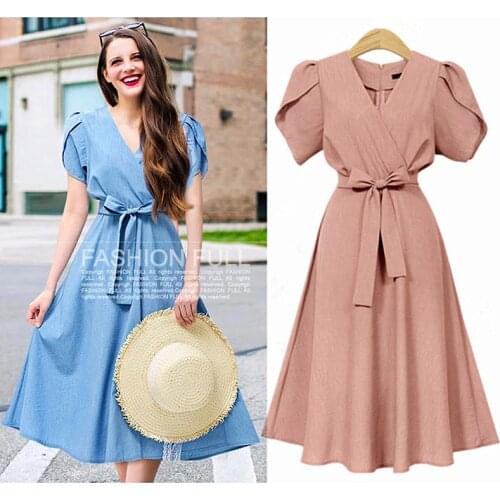 S-5XL Summer Dress Women Short Sleeve Long Vestidos Midi Dress Casual Solid Pleated Party Dress Maxi Puff V-neck Boho Plus Size