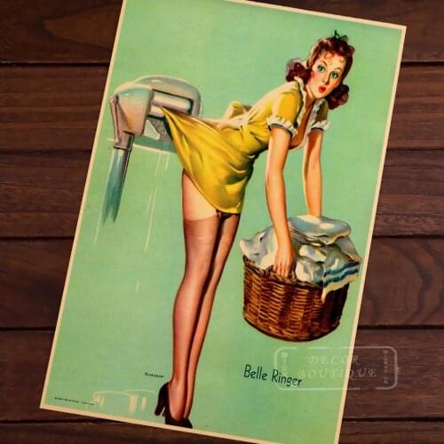 Laundry Maid Pop Art Vintage Pin-up Girl Poster Classic Retro Kraft Canvas Maps Wall Sticker Home Bar Posters DIY Decor Gift