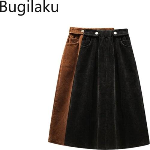 Bugilaku Plus Size 5XLhigh Waist Skirt Women Autumn New 2021 Solid Colro Casual Vintage Hot Sale Corduroy Skirts Faldas Mujer