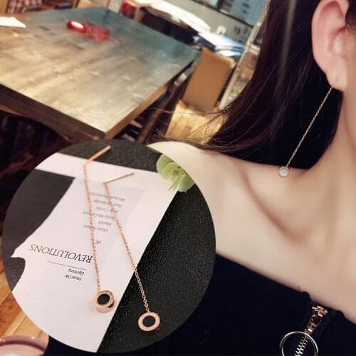 YUN RUO Fashion Personality Two Sides Tassel Stud Earring Woman Rose Gold Color Titanium Steel Jewelry Birthday Gift Not Fade