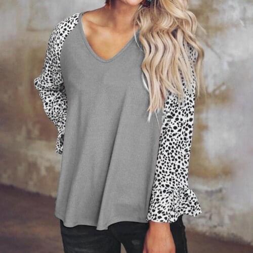 2021 Women T-Shirts Stitching Leopard Print Casual Blouse Ruffle Long Sleeve V Neck Loose Autumn Pullover Female Tops Streetwear