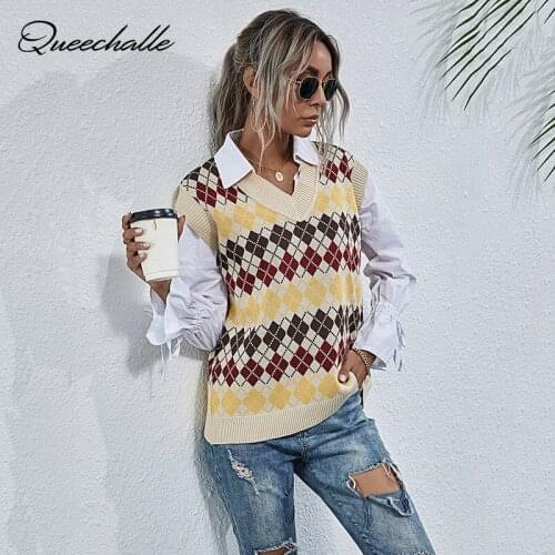 Plaid Knitted Sweater Vest Women 2021 Oversized Pullover Vintage Sleeveless V-Neck Female Waistcoat Sweater Tops Casual Vests