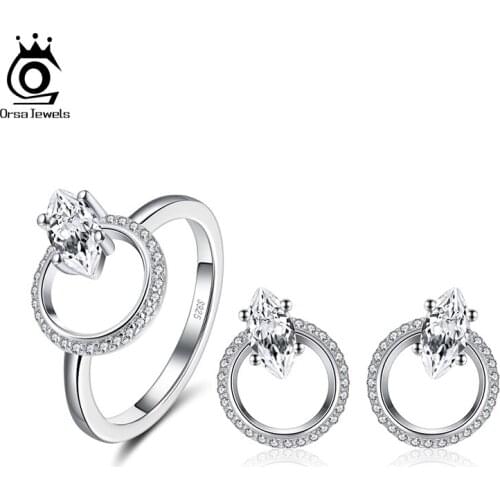 ORSA JEWELS Solitaire Engagement Ring Earring Pendant Necklace Real 925 Silver Jewelry Ser for Girls Women Wedding Party OSS98