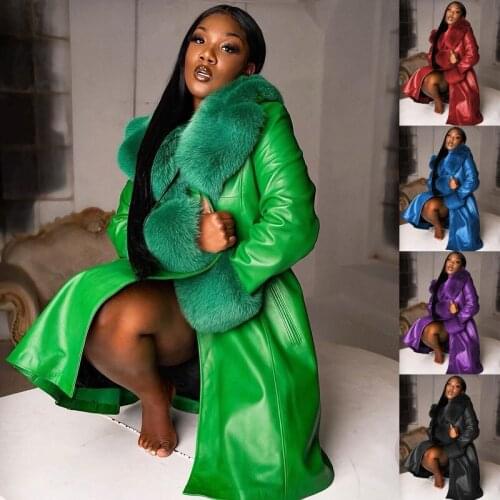 Autumn/winter womens PU stitching temperament MIDI coat plus fashion big hair collar long sleeves OL style solid zipper coat