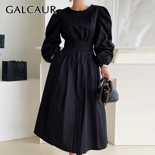 GALCAUR Autumn Dress For Women O Neck Puff Long Sleeve High Waist Tunic Ruched Elegant Dresses Female 2020 Fashion Clothes Tide