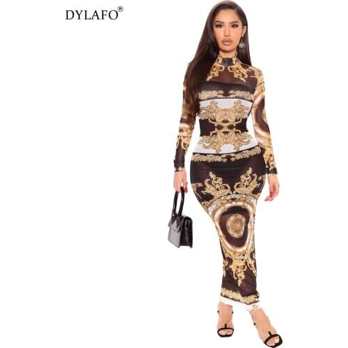Women Round-Neck Dress Sexy Mesh Material Print Slim Skinny Dresses Autumn 2021 New Long Sleeve Female Fashion Bodycon Outfits