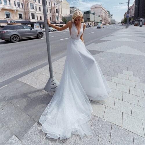 Gy Ivory A Line Glitter Tulle Wedding Dress Sexy V Neck Beading Belt Bridal Gown Backless Brides Dresses Vestido De Novia