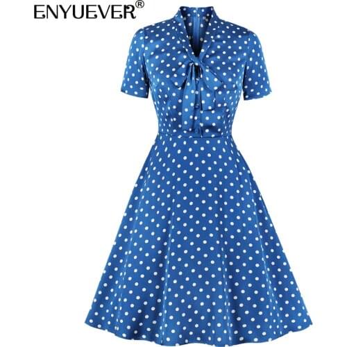 Enyuever Elegant Women Office Dress Summer Clothing Bow Tie Neck Short Sleeve Blue White Polka Dot Retro Vintage Ladies Dresses
