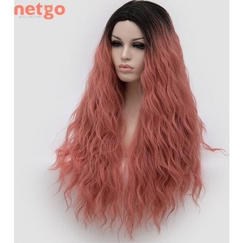 Netgo Long Wavy Middle Part Synthetic Wig Ombre Pink Gray Purple Cosplay Party Wigs Heat Resistant For Women Afro Daily Use