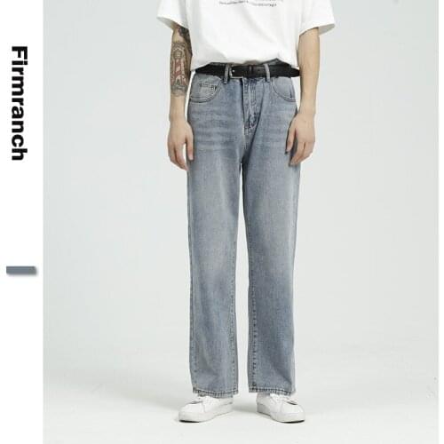 Firmranch Spring/Summer Men/Women Retro 90s Jeans Straight Leg Denim Pants All-match Light Blue Make Old Moustache Loose Jeans