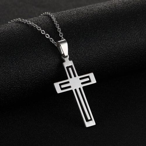 Rinhoo Stainless Steel Hollow Double Layer Cross Necklace Jewelry Key of Life Pendant Necklace For Men Women Hip Hop Jewelry