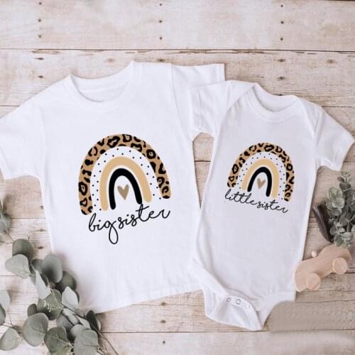 Family Matching Outfits Clothes Big Sister Little Sister Leopard Rainbow Print Kids T-shirts Cute Girls T shirt Baby Rompers