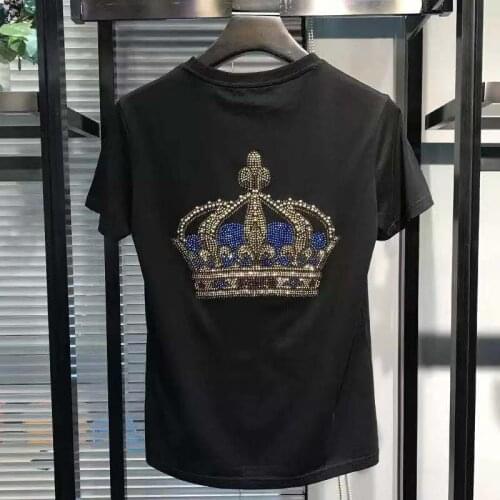 Crown Rhinestones T Shirts Men Short Sleeve Fashion Man Streetwear O Neck Slim Cotton Tshirts Plus Size