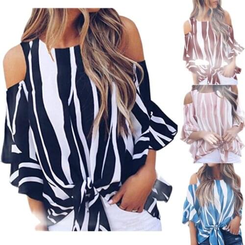 Summer Womens Pullover stitching Plus Size Top Fashion Loose O-Neck Strapless Flared Sleeve Vertical Striped Casual Chiffon Tee