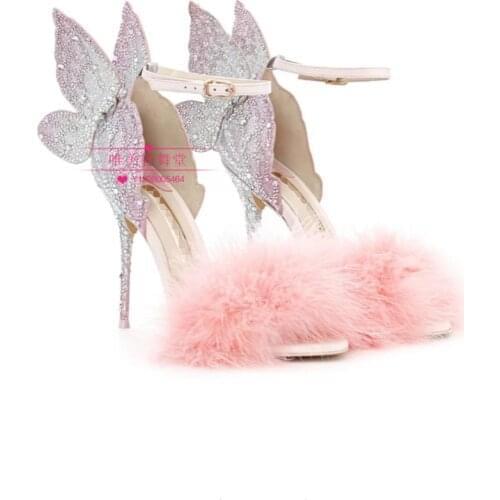 Moraima Snc Summer Crystal Embellished high Heel Shoes Pink Feather Decorations Ankle Strap Sandal Wings Heels