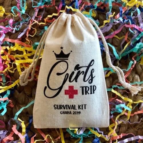 Set of 10 Custom print Girls Trip Survival Kit bridal show Party Favors bags wedding bachelorette Muslin Cotton gift Bags