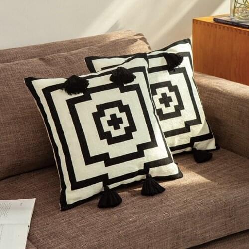 DUNXDECO Cushion Cover Decorative Pillow Case Abstract Geometric Cotton Thread Embroidery Modern Black Red Sofa Chair Coussin