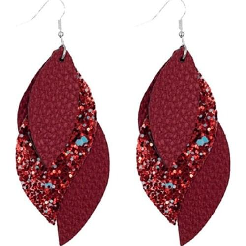 New Feather Shaped Multilayer Glitter Sequins Leather Earrings Exaggerated Triple Splice Fringe Leaf Earrings Stock