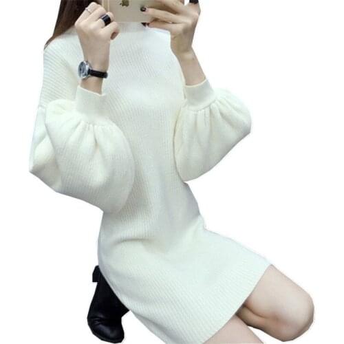 New Women Autumn Winter Half High Neck Loose Lantern Sleeve Base Sweater Dress Mid-length Hedging Slim Knit Dresses Female OK917