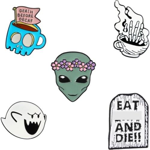 Ghost Tombstone Alien Coffee Cup Hand Skeleton Undead Enamel Pin Badge Punk Brooch for Women Men Halloween Pins Collection
