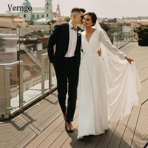 Verngo Simple A Line Chiffon Wedding Dress V Neck Long Sleeves Bohemian Bridal Dress Elegant Robe de mariee With Free Veil