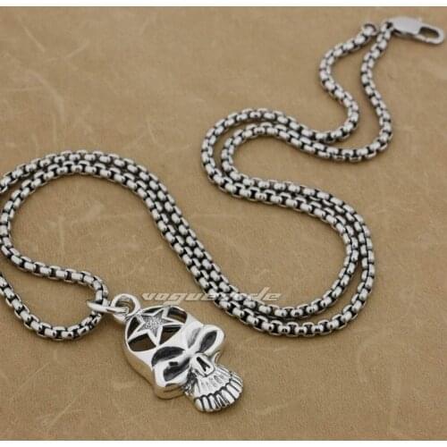 Start Skull 925 Sterling Silver Mens Biker Punk Pendant 9H020