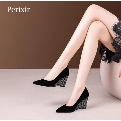 Perixir Women Shoes2021 New Spring Wedges Genuine Leather Dress Footwear Sheepskin High Quality Comfortable Kid Suede Shoe CW021