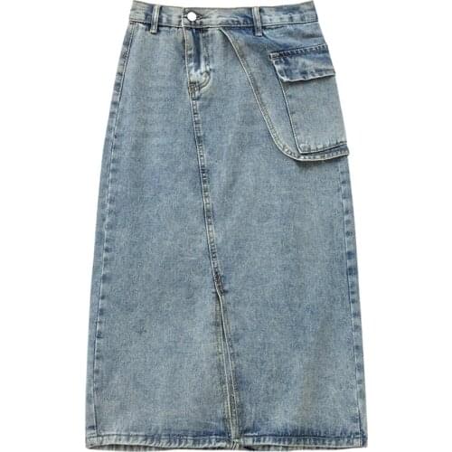 Plus size 5XL!High Waist Hip Cross Split Denim Skirt Women high waist Casual Fake Pocket Patchwork Straight a-line skirt